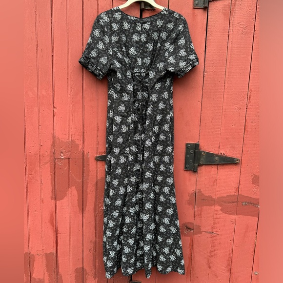 Vintage 90s dress Small XS black floral midi rayon lacing buttons short sleeve - Picture 6 of 13
